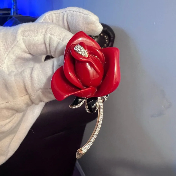 Kenneth Jay Lane Vintage Red Rose Brooch with Crystal Accents - Picture 1 of 4